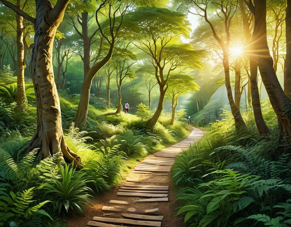 A serene landscape depicting a winding path through a lush green forest, illuminated by soft golden sunlight filtering through the trees. Along the path, whimsical illustrations of joyful moments, such as laughter, connection, and nature, are subtly incorporated. In the foreground, a diverse group of people is engaging in various joyful activities, embodying togetherness and happiness. The entire scene evokes a feeling of tranquility and positivity. vibrant colors. super-realistic.