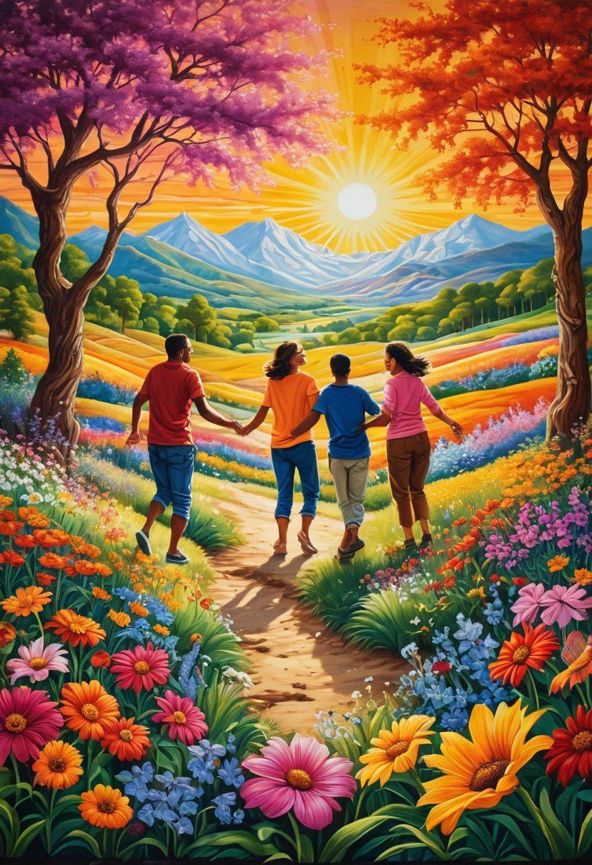 A vibrant, intricate tapestry representing happiness, featuring colorful threads woven into images of diverse people laughing, enjoying nature, and sharing joyful moments. Blend symbols of nature like flowers and sunshine within the tapestry. The background should be bright and cheerful to evoke warmth and positivity. Bold colors are encouraged to enhance the visual delight. super-realistic. vibrant colors.