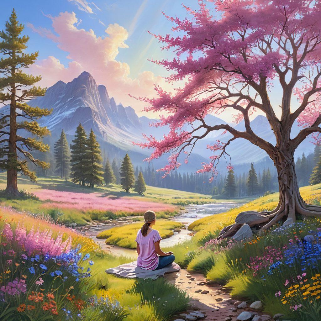 A serene landscape depicting a sunlit meadow filled with vibrant wildflowers, a peaceful stream flowing gently, and a person meditating under a large, wise tree. In the background, majestic mountains symbolize strength and tranquility. The atmosphere is filled with soft light, evoking a sense of calm and cheerful contentment. pastel colors. super-realistic.